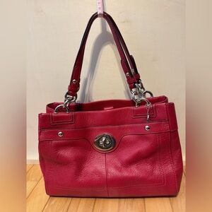 Coach Red Pebbled Leather Turnlock Tote Shoulder Bag Silver Hardware